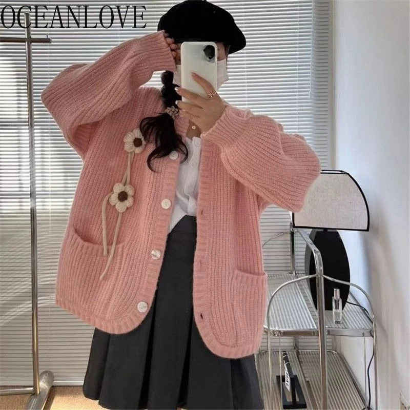 

OCEANLOVE Autumn Winter Clothes Cardigans Sweet Flowers Warm Korean Fashion Woman Sweaters Pockets Preppy Style Knitwear