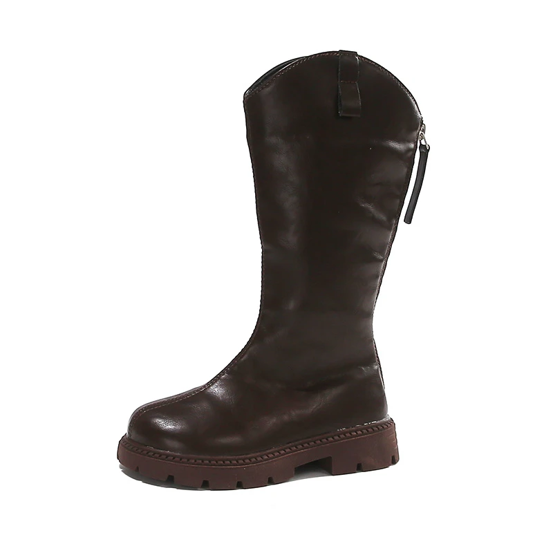 Knielange Stiefel für Kleinkinder und kleine Mädchen, aus Kunstleder, mit V-förmigem Ausschnitt, Reißverschluss auf der Rückseite und klobiger Sohle, ideal für Herbst und Winter, für den täglichen, lässigen Gebrauch. – Detail 8