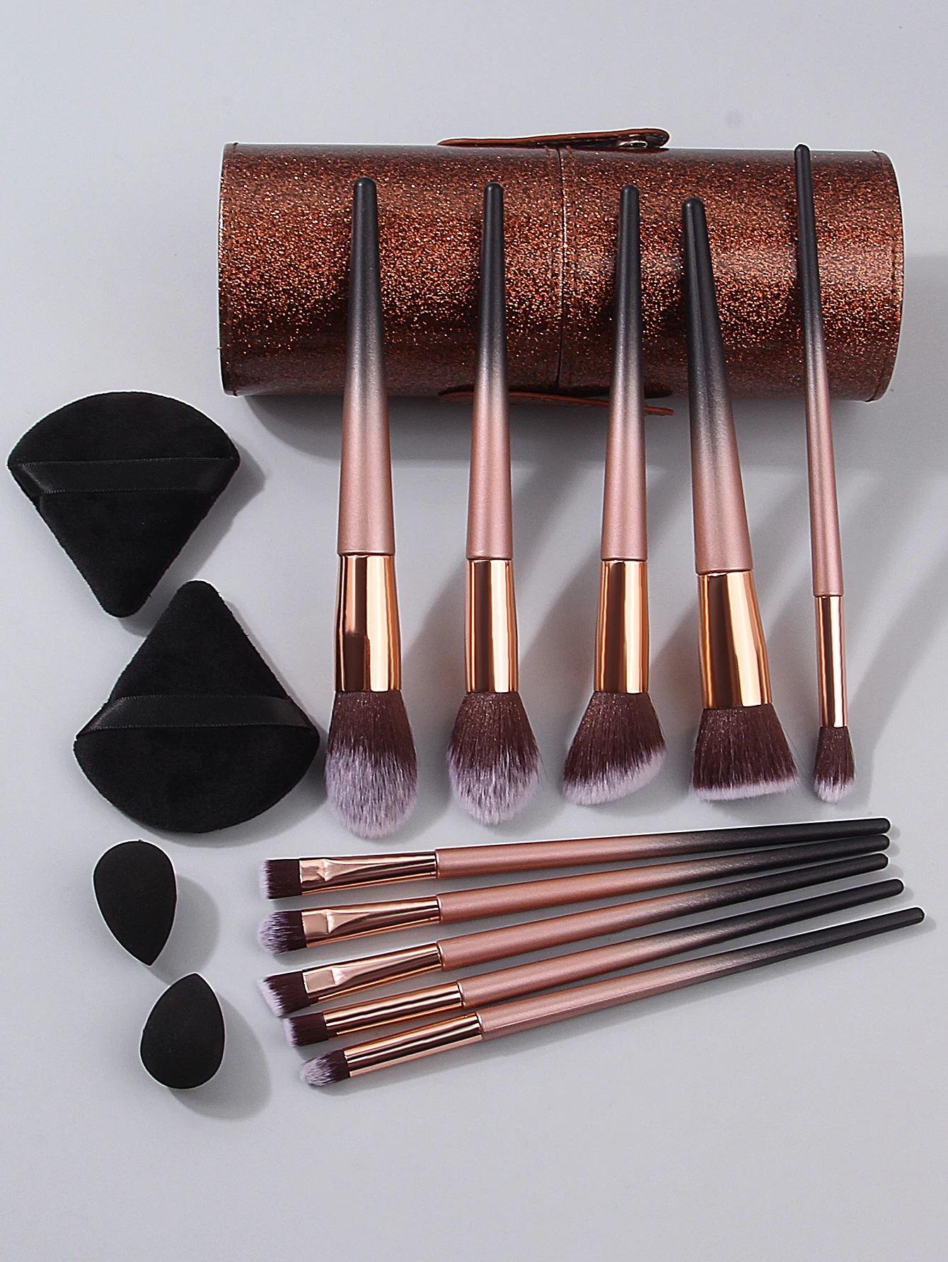 10-teiliges Make-up-Pinsel-Set, Farbverlaufsgriff + blitzbraune Aufbewahrungseimer, wird mit 2 Mini-Beauty-Eiern + 2 dreieckigen Puderquasten geliefert
