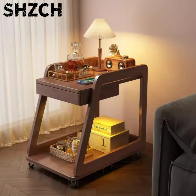 Rubber Wood Side Table  Multi-functional Double-layer Sofa Coffee Table  Movable Hotel Cafe Trolley Retro Snack Display Rack
