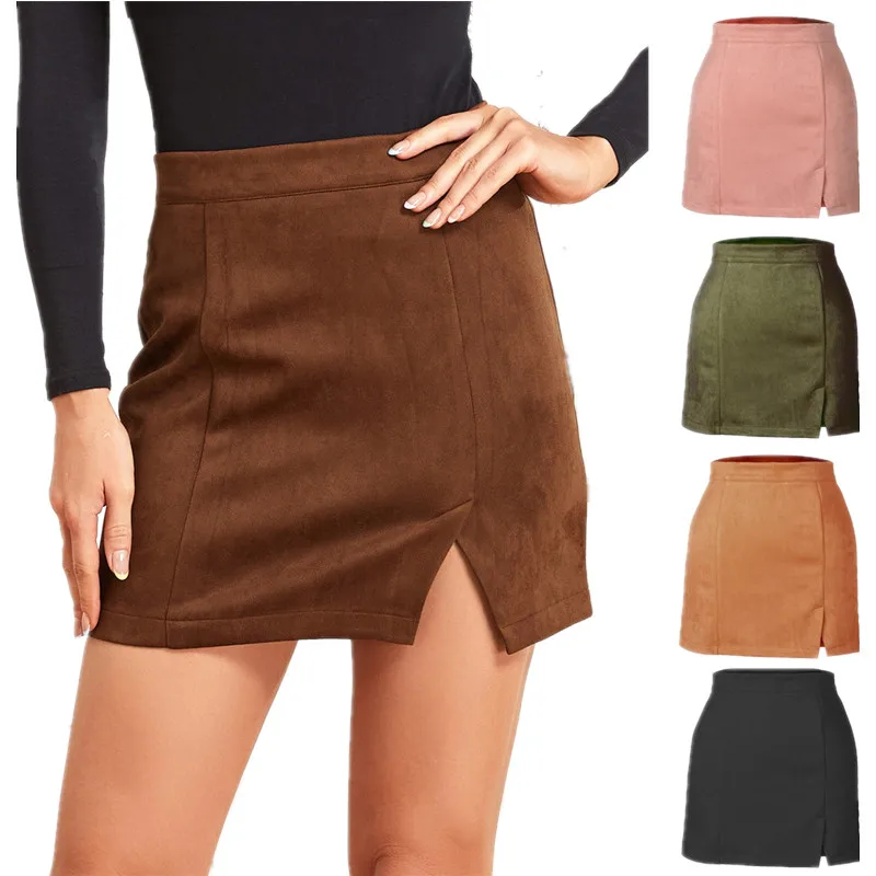

New Autumn Winter Suede Solid Color High Waist Zipper Short Skirt Women Sexy Package Hip Skirt Office Ladies A-line Skirts