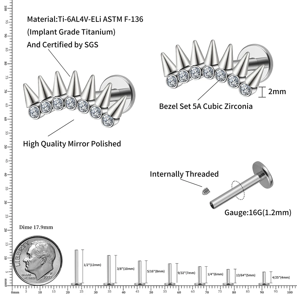 Right Grand ASTM F136 Titanium 16G Seven Spikes Helix Cartilage Piercing Cluster Stud Earring with Cubic Zirconia