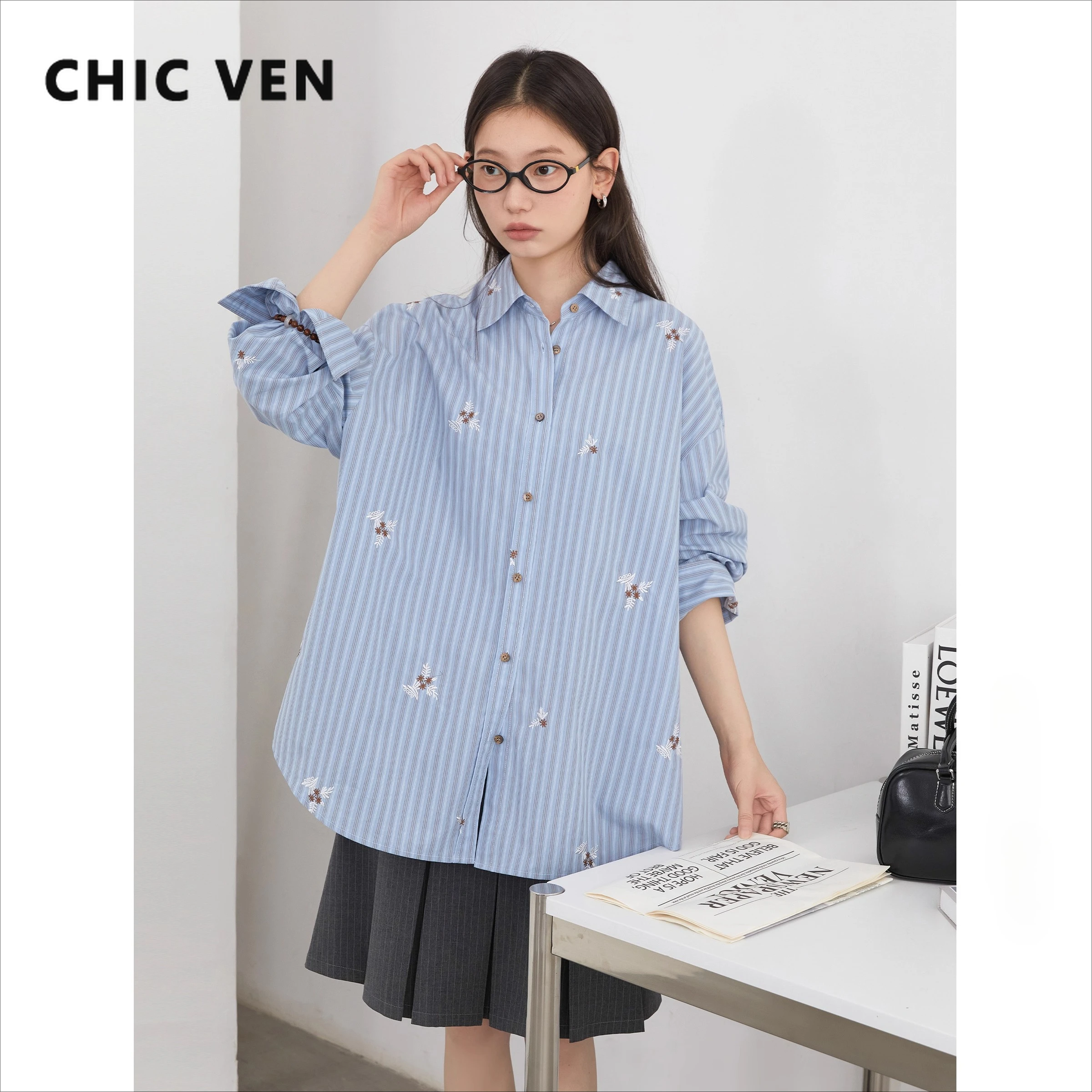 

CHIC VEN Women Shirt Loose Casual Long Sleeve New Striped Embroidered Cotton Shirt Female Blouses Spring Autumn 2025 Clothing