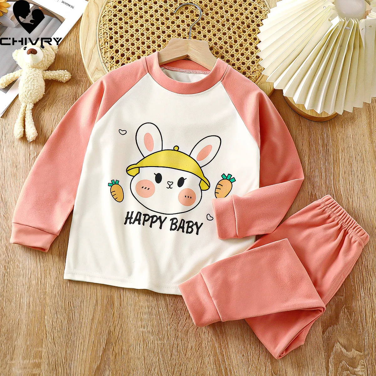Boys Girls Autumn Warm Pajamas Sets Baby Cute Cartoon Print Long Sleeve T-Shirt Tops + Pants Pyjamas Kids Casual Sleepwear