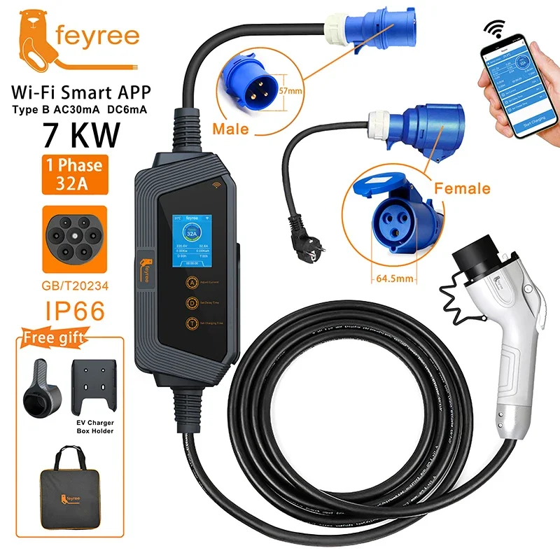 feyree 7KW 32A Adjustable EV Charger GBT Socket APP Bluetooth Version Set Charging Time EVSE Charging Box for Electric Vehicle