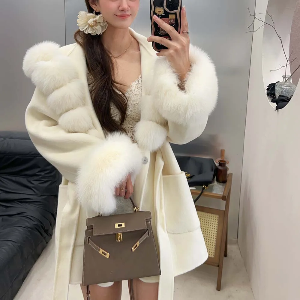 

2025 Новая модная осенне-зимняя куртка с большим воротником из натурального лисьего меха, женское шерстяное кашемировое пальто, теплая уличная одежда