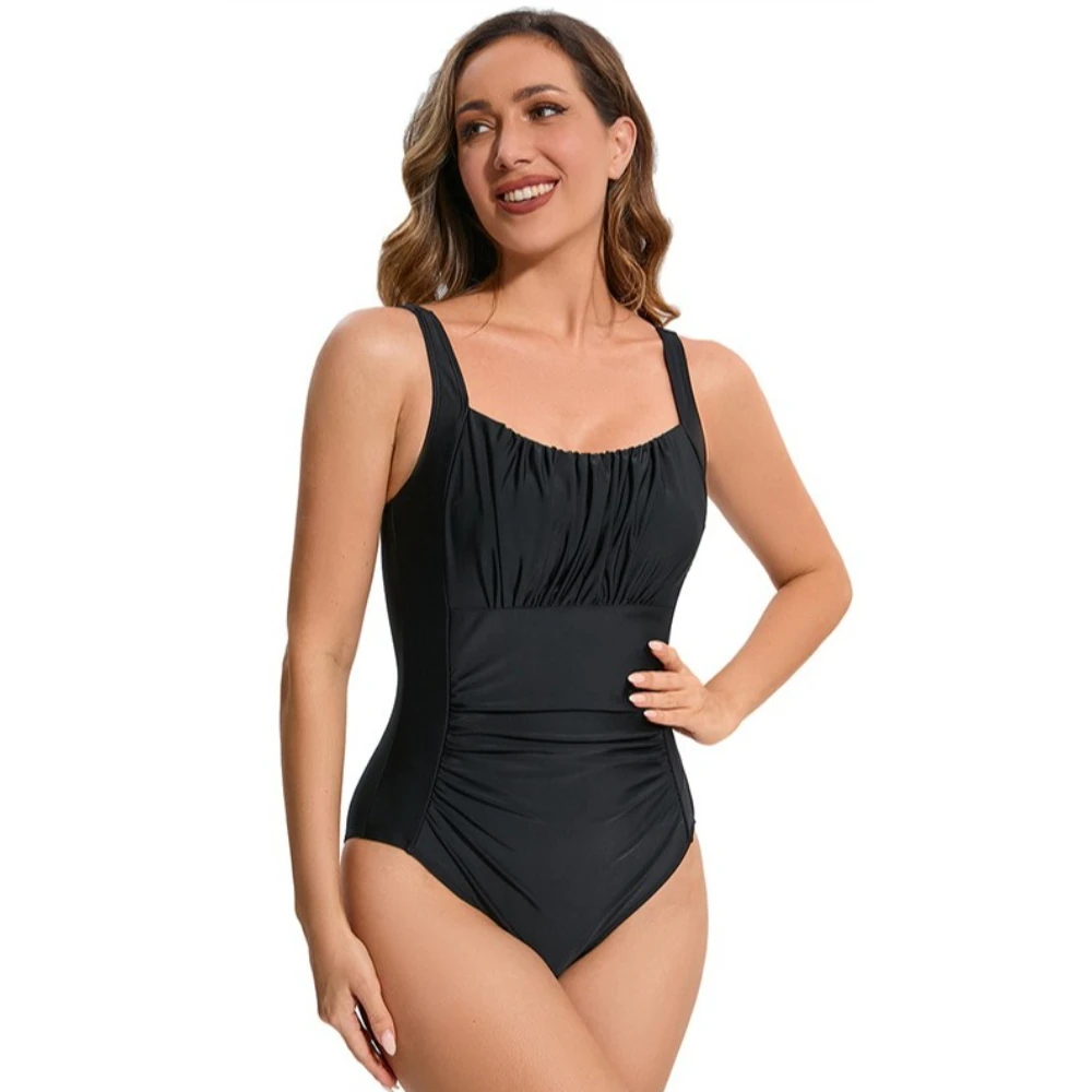 Women One Piece Swimsuit Square Neck Gathered Bust Wide Straps Tummy Control Ruched Bathing Suit