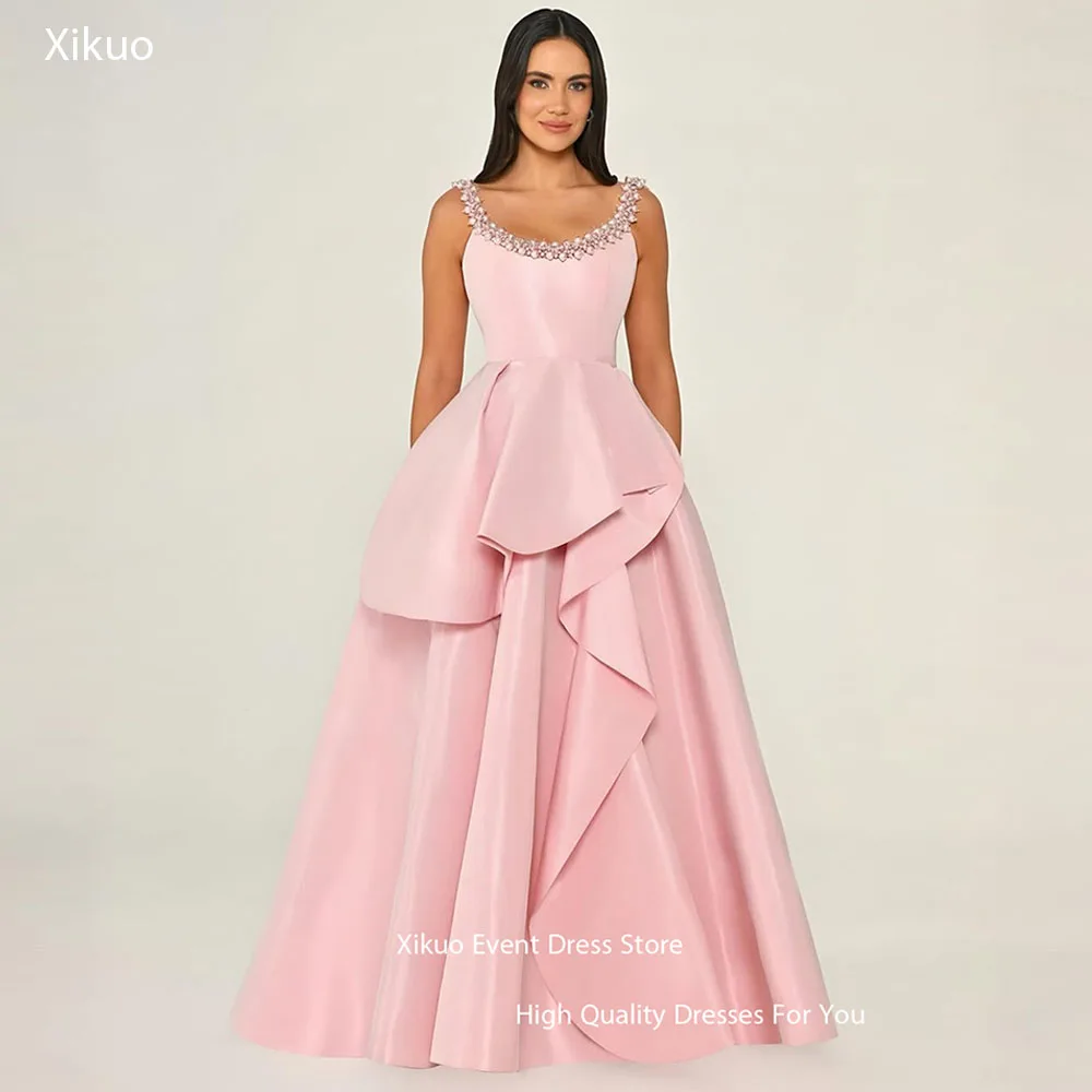 

Xikuo Elegant Pink Satin Evening Gowns A Line Crystal Robe Cocktail Femmes pearls Spaghetti Strap Party Prom Dresses Customized