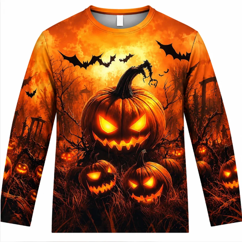 Unisex Full 3D Print Long Sleeve T Shirt Halloween Haunted House Pumpkin Bat Moon Pattern Crew Neck Casual Streetwear Top