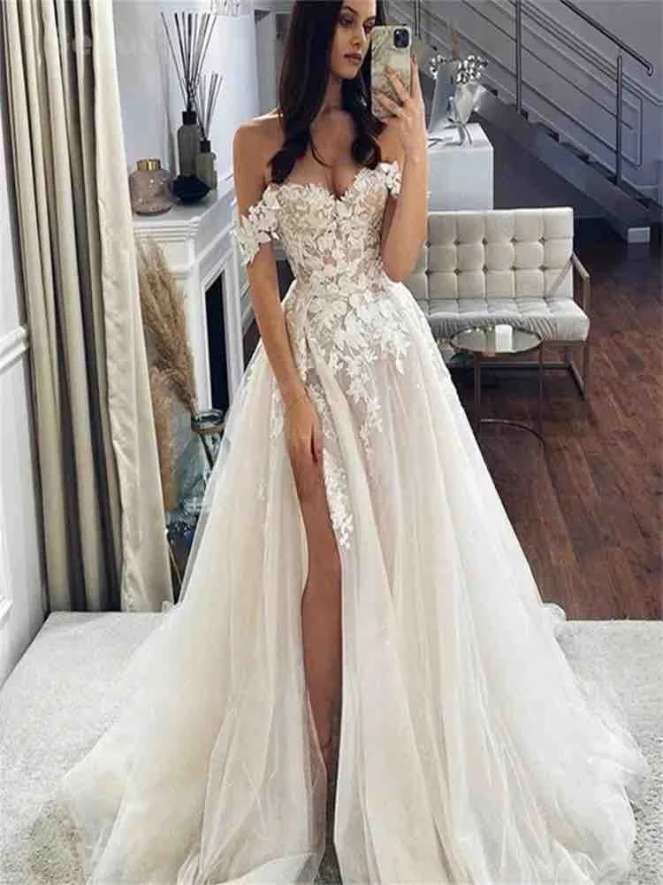 2024 Custom Beach Wedding Dress For Women Sweethear Sleeveless Appliques A-Line Tulle Bridal Gown Side Split Vestidos de novia