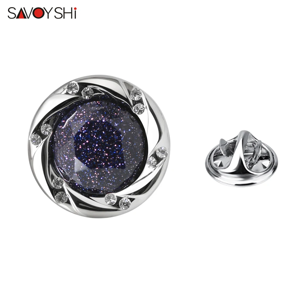 SAVOYSHI Luxury Blue Star Stone Lapel Pin For Mens Suit Collar Round Crystals Badge Brooch Pin Sweater Jacket Dress Collar Decor