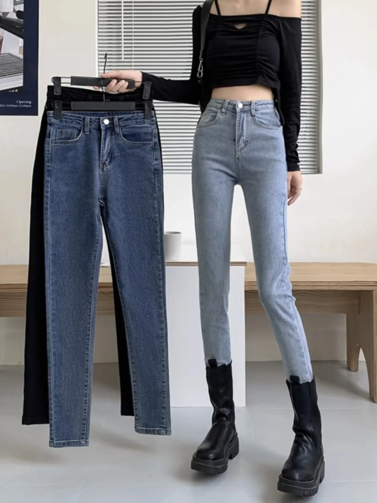 

High Waist Slimming Denim Pants Women's Autumn Winter Large Size New Sle Fitting Calf Length Retro Pencil Pants Trendy