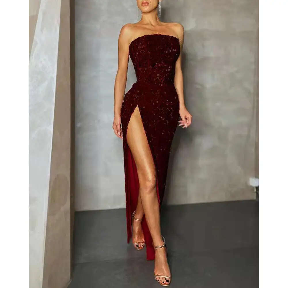 Robe de soirée Sexy fendue, asymétrique épaule dénudée, Bustier embelli de perles, Station indépendante, jupe asymétrique taille haute