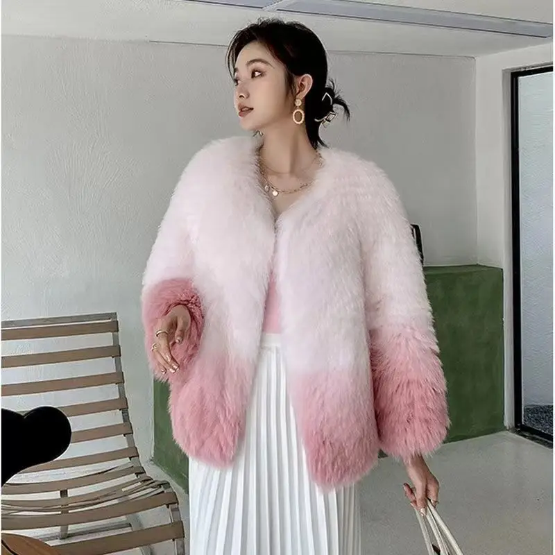 Coats Winter Luxury Imitated Fox Fur Gradient Color Bomber Coat Female Short Mink Fur Jackets Furry Cardigan Fluffy Trench Tops