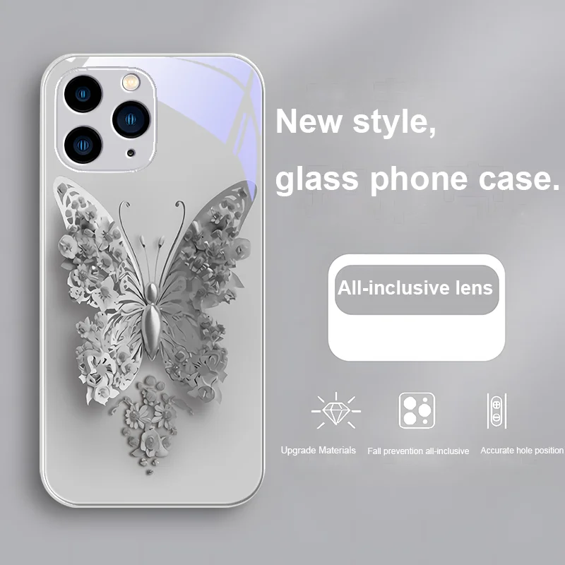 Far Peak Blue Flying Butterflies For Iphone 15 14 13 12 11 Pro Max X XS XR 7 8 Plus 2020 2022 SE Black Tempered Glass Phone Case