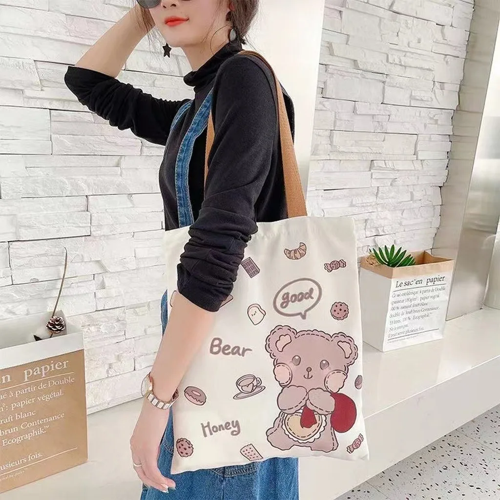 Korean Style Canvas Tote Bag Women Cute Cartoon Bear Printed Shoulder Bag Aesthetic Casual Book Bag Eco Friendly Handbag