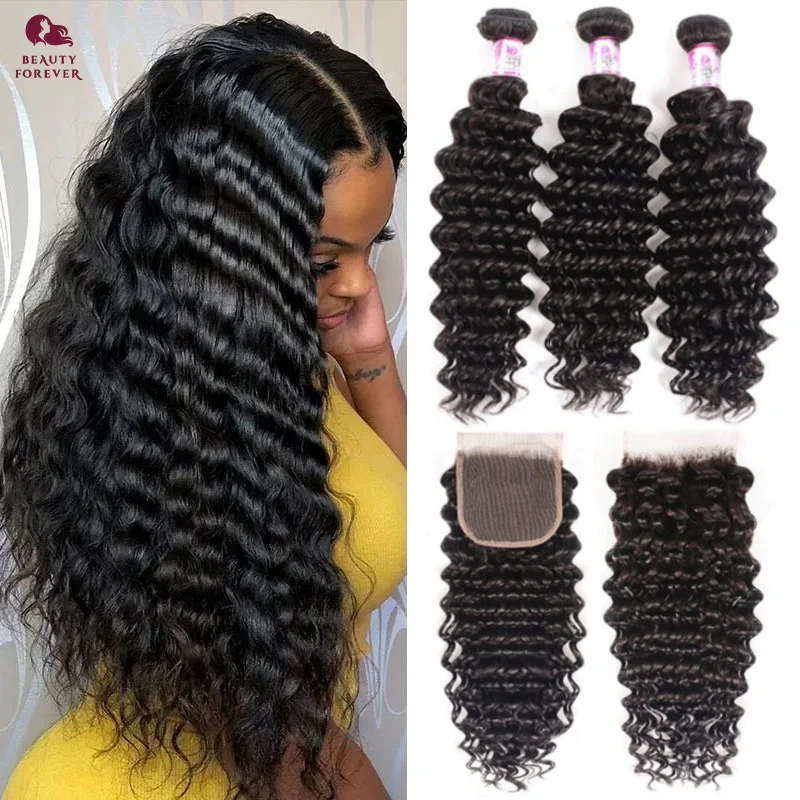 Beautyforever Deep Wave Bundles With Closure Human Hair Natural Brazilian Curly Virgin Human Hair Weave With 4x4 Lace Closure