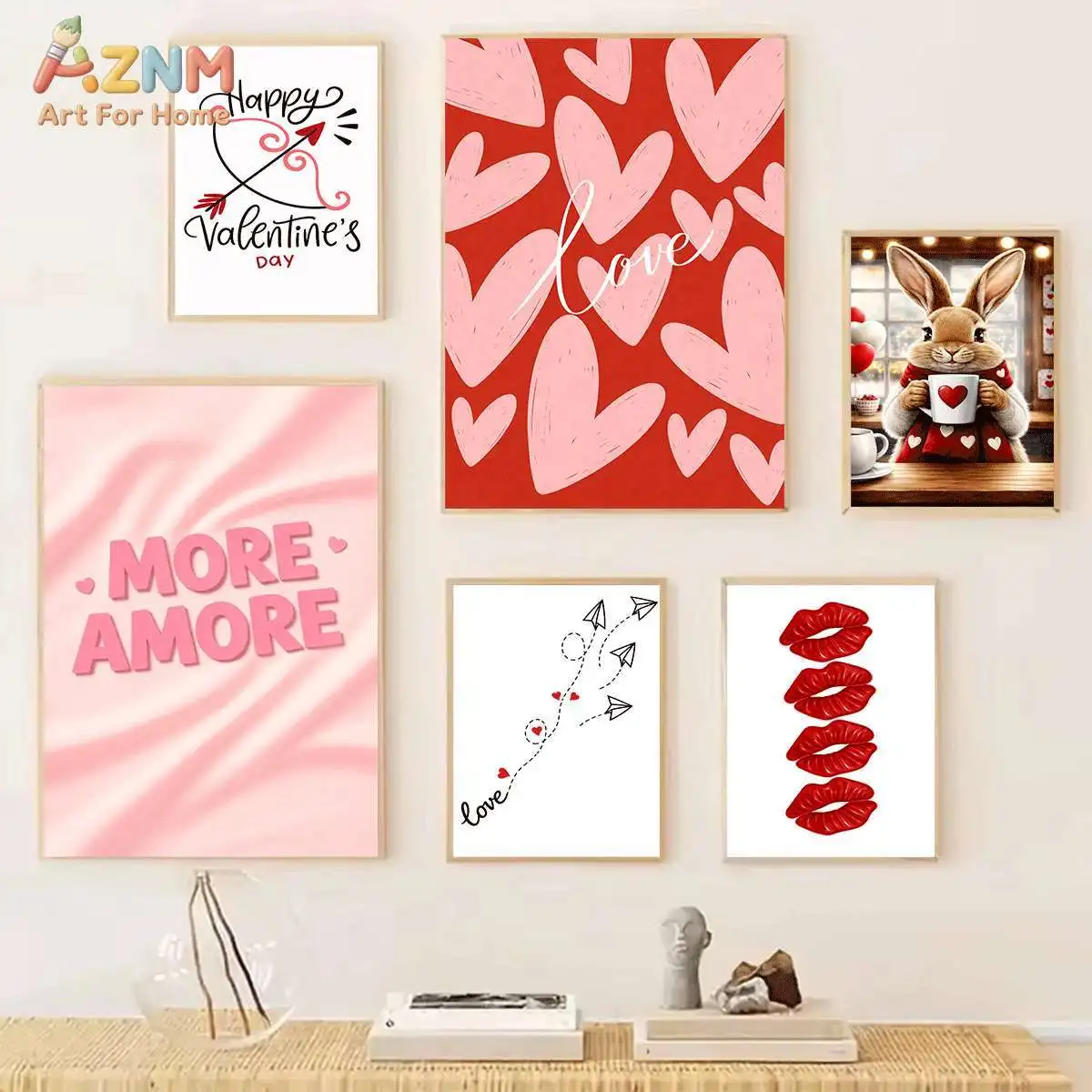 AZNM Romantic Valentine Canvas Wall Art Pink Red Heart Rabbit Toast Cat Rose Lips Love Quote Print Unframed Canvas Sweet Couple