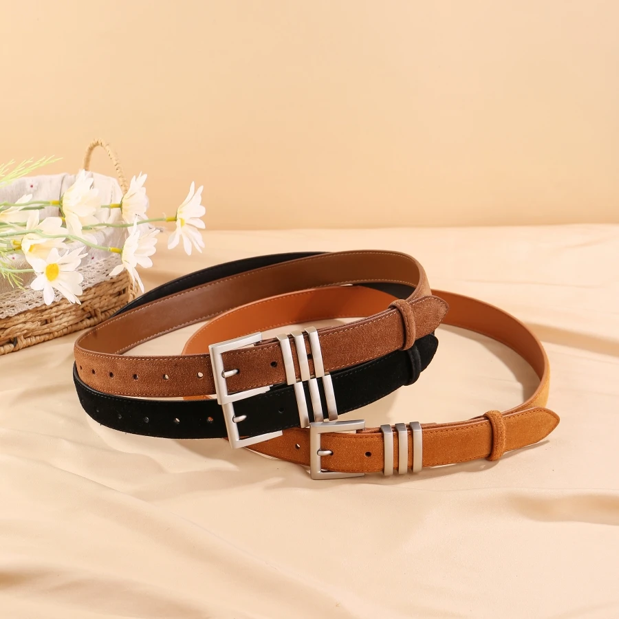 2024 New Women's Suede Cowhide Belt Genuine Leather Fashion Belt with Square Gold Buckle for Jeans Pants Dress Casual Wear