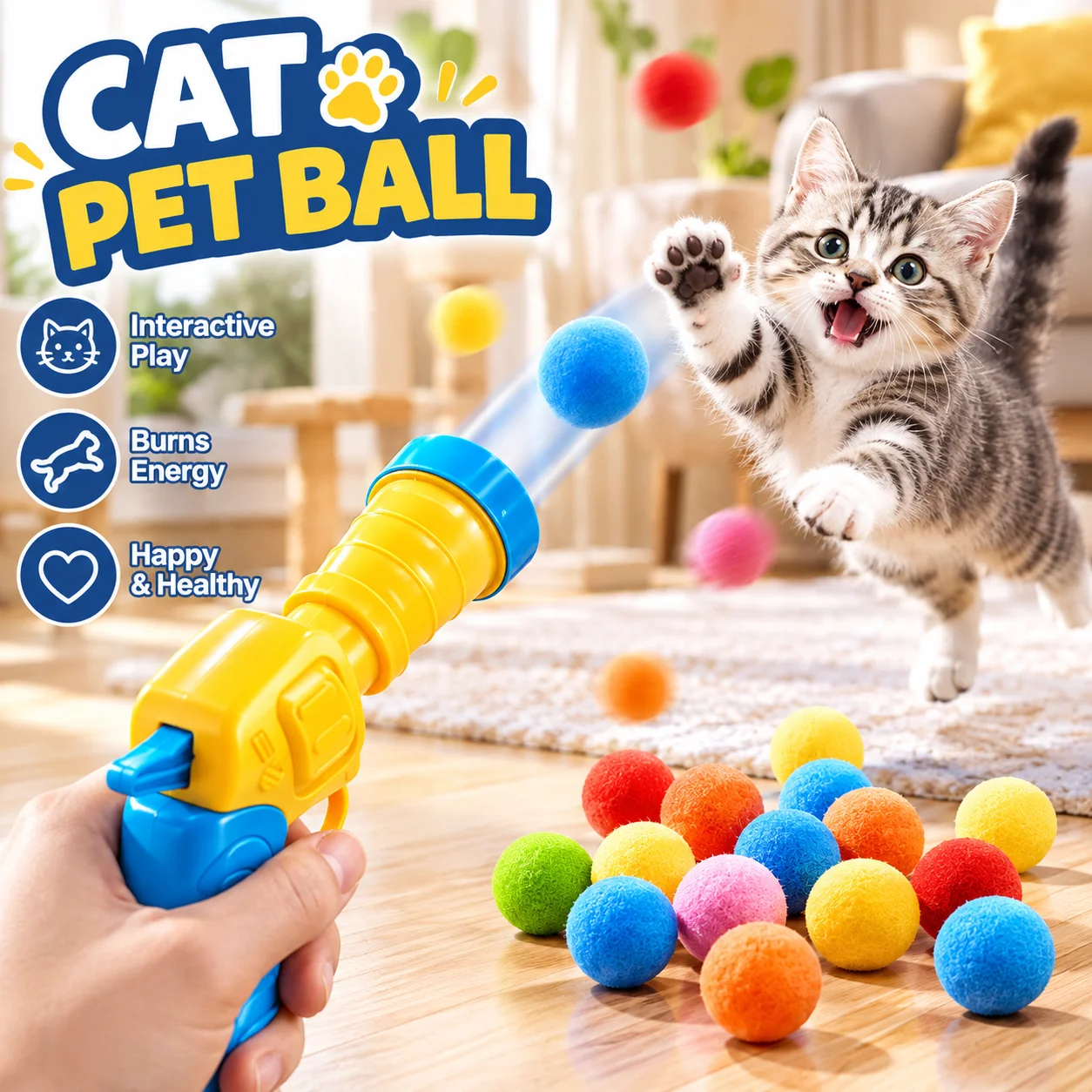 Interactive Cat Ball Launcher Toy Soft Pom Pom Shooter Gun Training Chasing Game Supplies For Indoor Cats