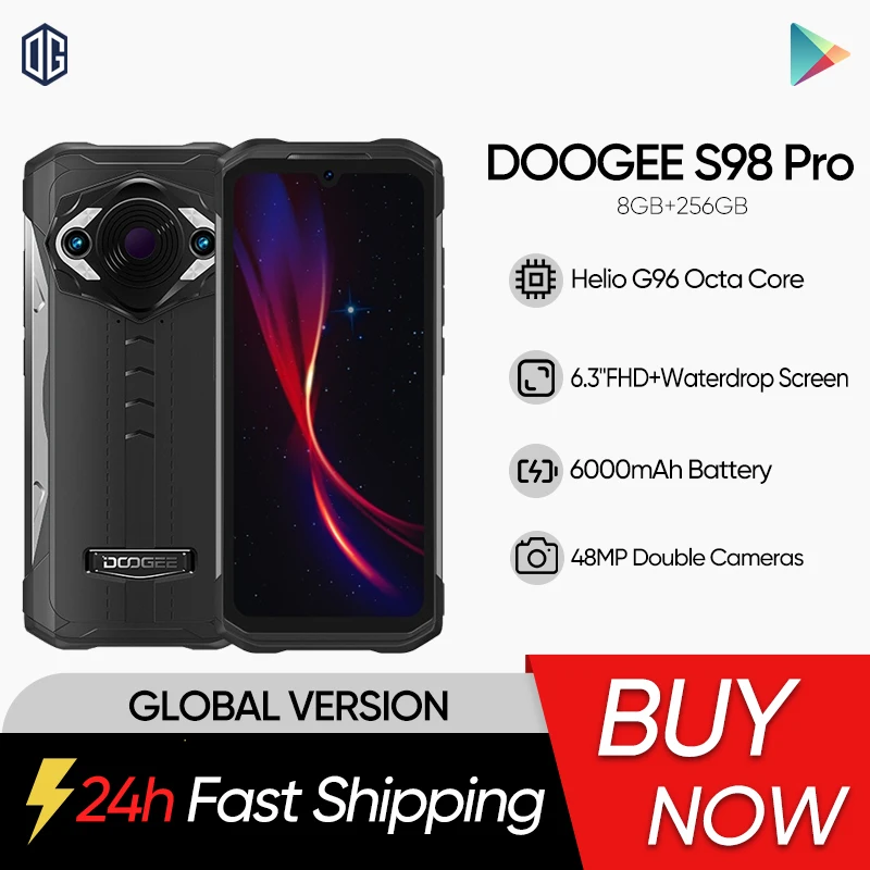 Смартфон DOOGEE S98 Pro, прочный телефон, телефон с ночным видением 20 МП, Восьмиядерный процессор Helio G96, 8 ГБ + 256 ГБ, экран 6,3 дюйма FHD +