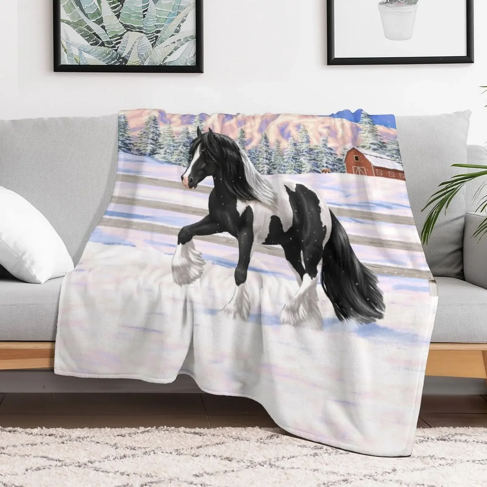 Black Pinto Piebald Gypsy Vanner Draft Horse In Snow Throw Blanket Summer Decoratives Blankets