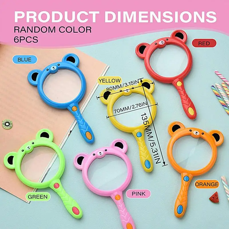 6 Pieces Pocket Magnifying Glass Shatterproof Magnifier Ergonomic Grip Bear-Shaped Toy for Exploration Nature Outdoor Detective