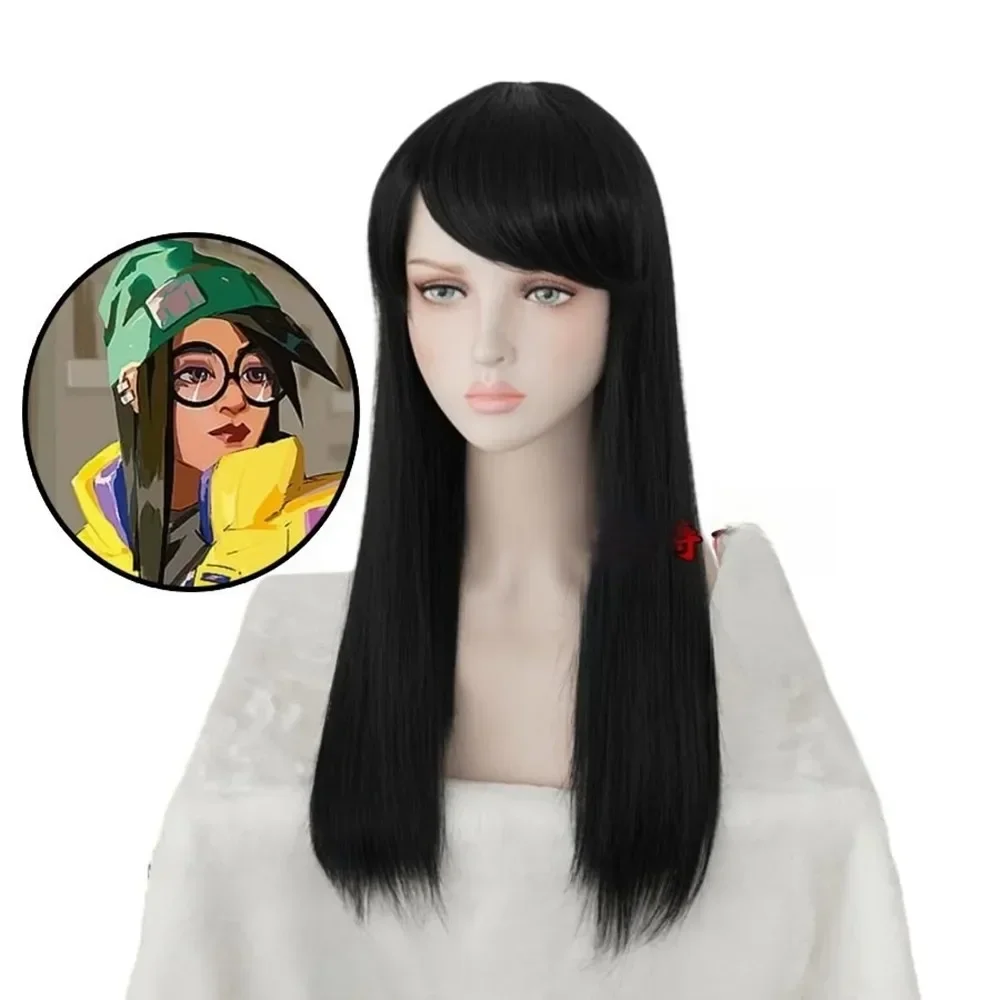 

Party Black Wig Game VALORANT Cosplay Wig Black Long Straight Heat Resistant Synthetic Hair Wigs Cos Killjoy Wigs