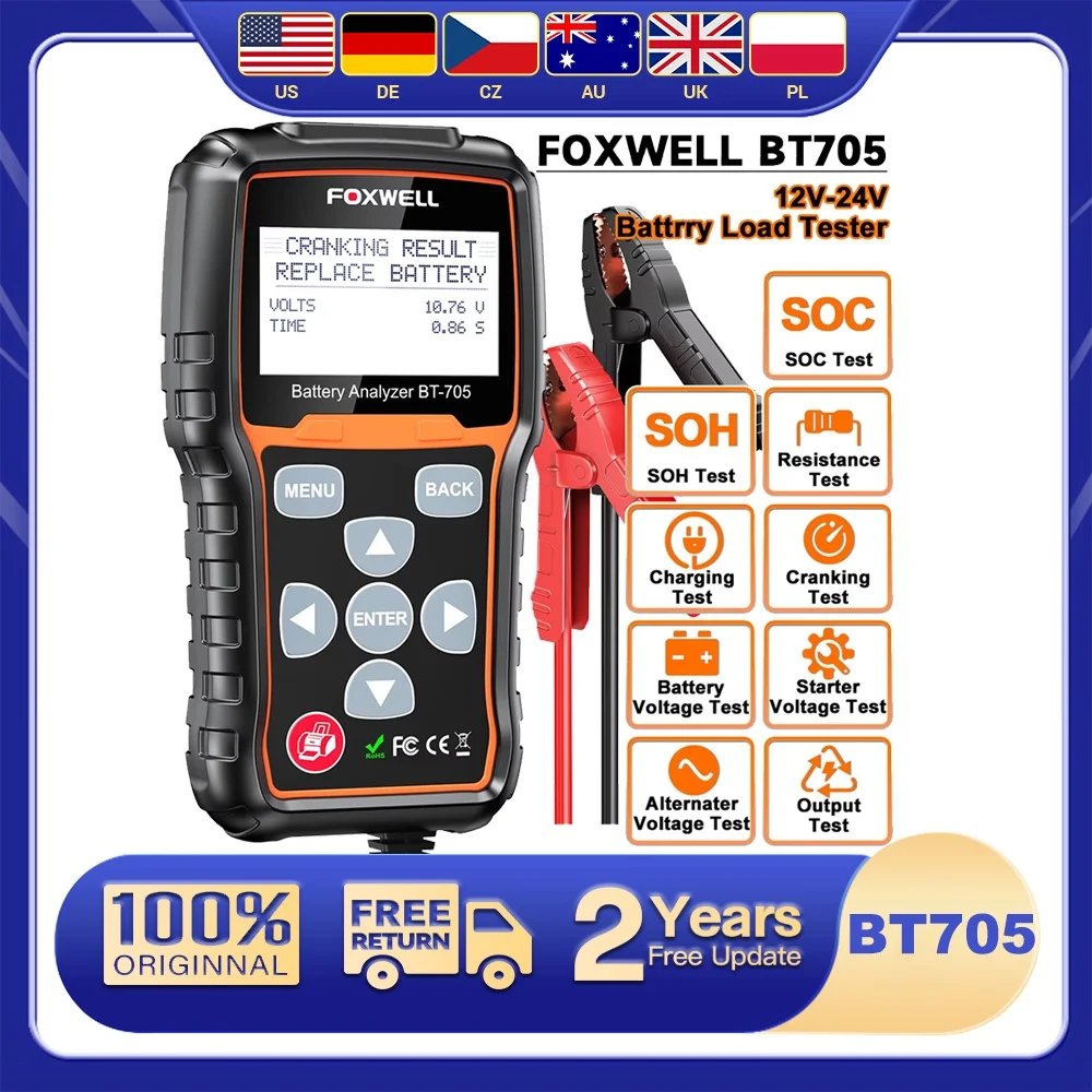 

12V& 24V Battery Tester Diagnostic Tool FOXWELL BT705 Testing Cranking Charging 100-2000CCA Battery Load Analyzer for Truck Car
