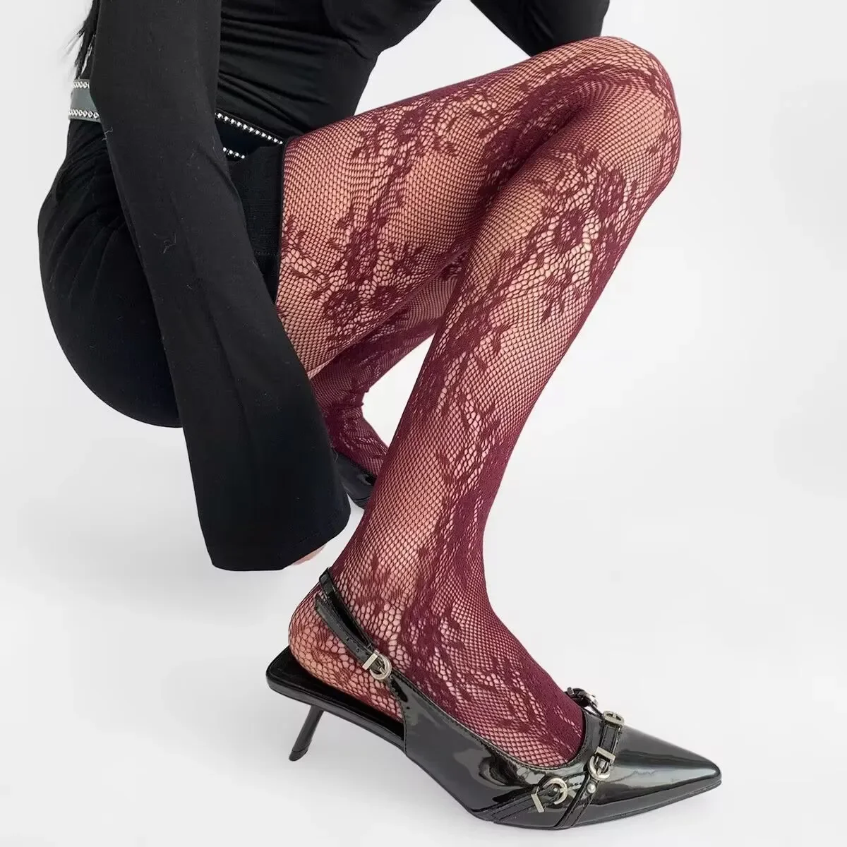 1 Pair of Stockings for Women High-grade French Retro Lace Rose Tights High-elastic Tights Hollow Jacquard Slimming Bottoming
