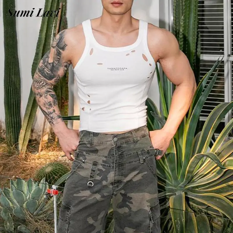 Stylish Hollow Out Ripped Slim Vest Men's Sports Training Sleeveless Camisoles Spring Summer Mens Casual Letter Print Tank Tops