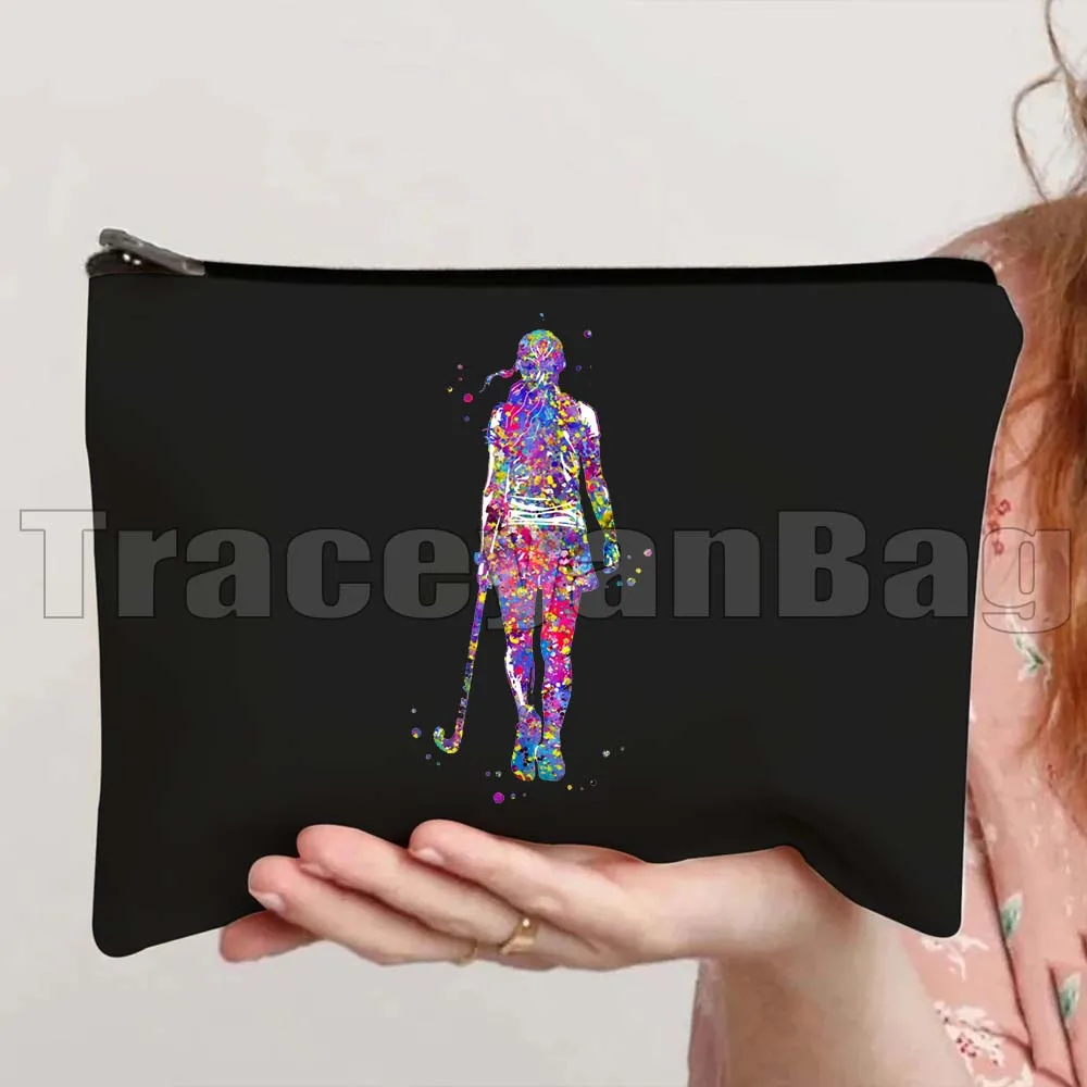 女の子のための水彩キャンバス化粧品バッグ,カラフル,フィールドホッケープレーヤー,旅行,メイクアップ,トイレバッグ,ペンシルケース,ポーチ,ギフト