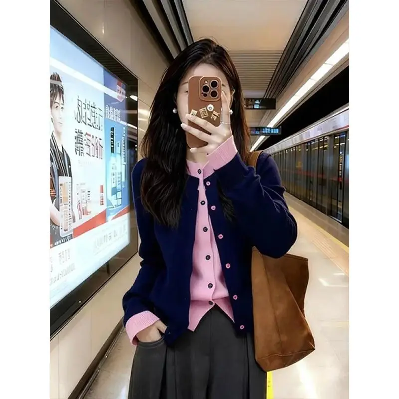 Women Color Block Fake Two Piece Knit Cardigan