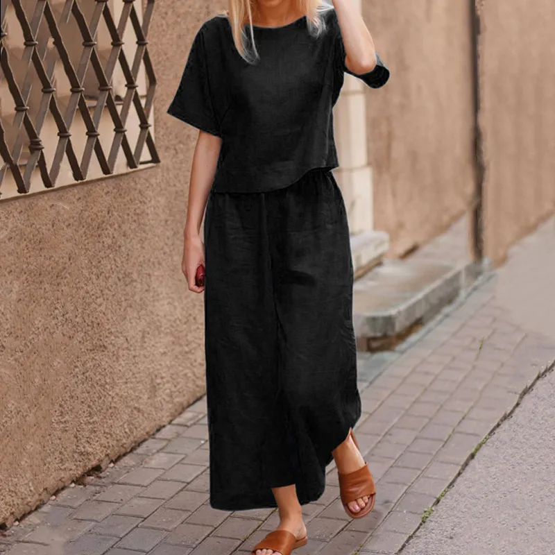 Cross border AliExpress new casual European and American women's loose solid color shirt+pants two-piece set