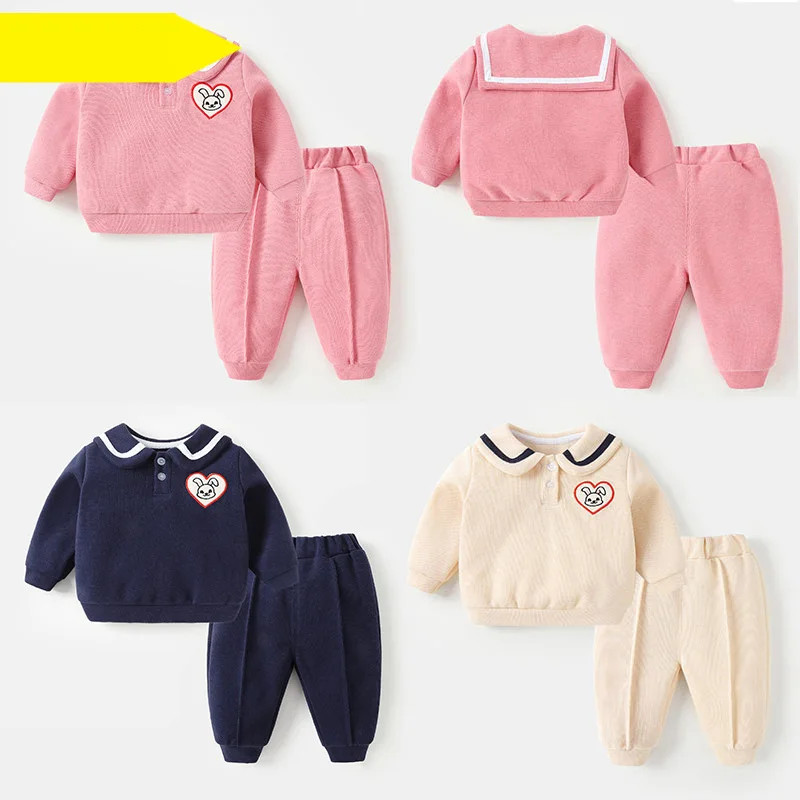 Ins Baby Girl Two-piece Clothes Set Rabbit Sticker Navy Collar Sweatshirt Cotton Solid Sport Pant Infant Toddler Girl Tracksuits