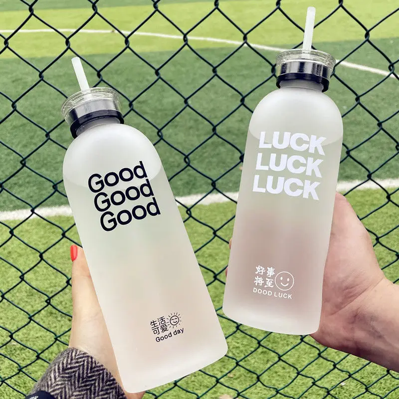 Outdoor 1000ml Water Bottle Word Lucky Good Cup with Straw Transparent Cartoon Water Bottle Drinkware Frosted Cup Leak-proof