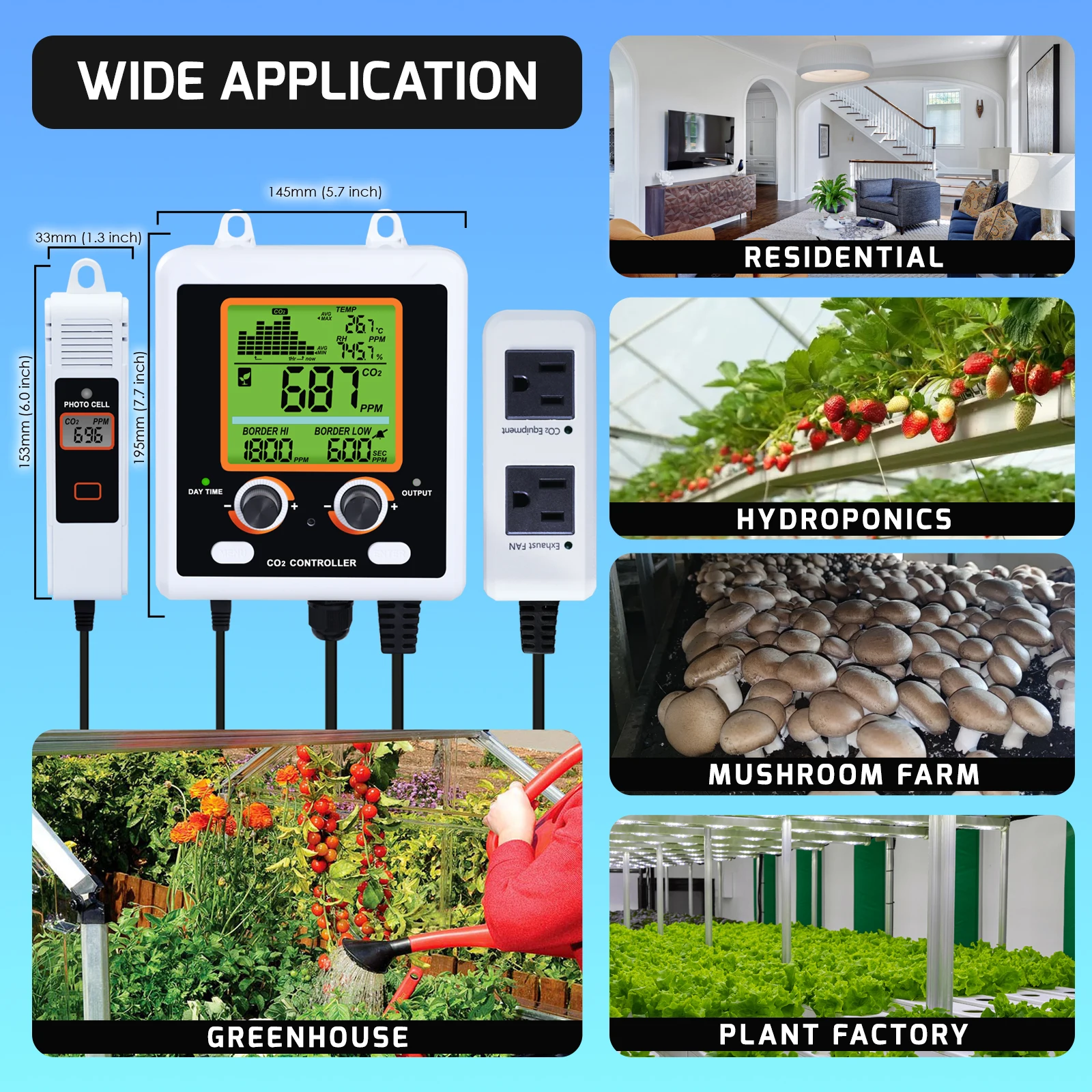 CO2 Meter Controller Detector Air Quality Dual-Output with 15ft Remote NDIR Sensor Human Plant Mode for Greenhouse Mushroom Etc