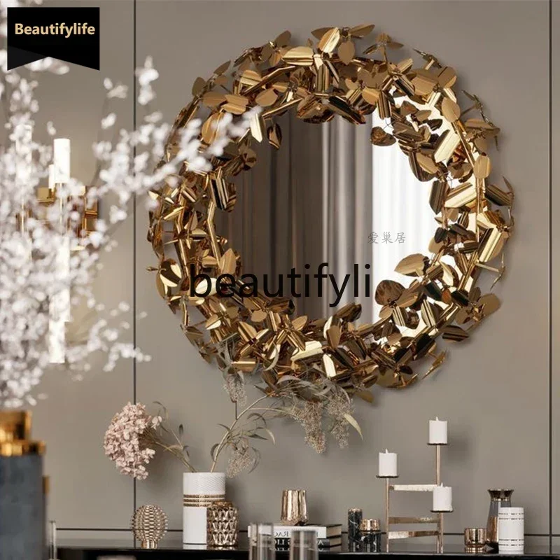 Hot sales Italian light luxury brass art decorative mirror villa mansion, high-end living room hanging mirror art mystery mirror
