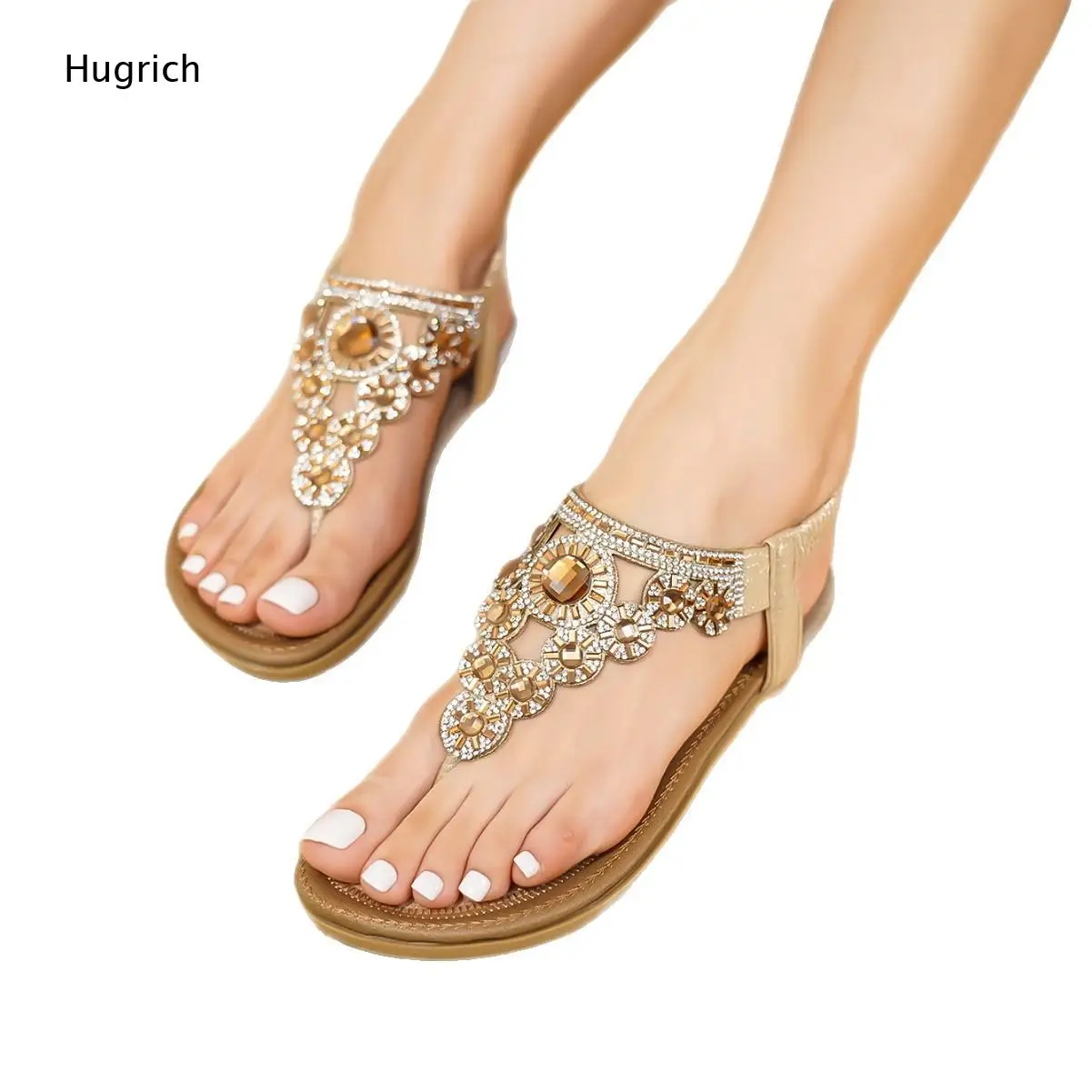 Crystal Flower Flat Sandals Clear Rhinestone Ornament Adjustable Ankle Buckle Band Flexible Cushioned Insole