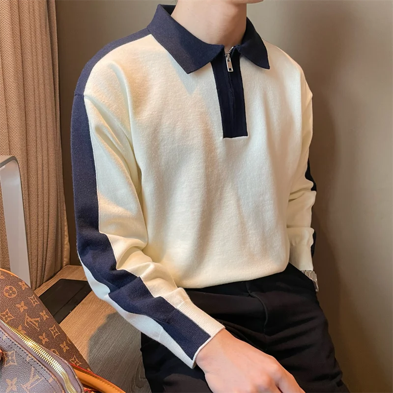 Autumn Winter Fashion Turn-down Collar Long Sleeve Half Zipper Color Blocking Pullovers Men's Clothing Casual Loose Knitting Top