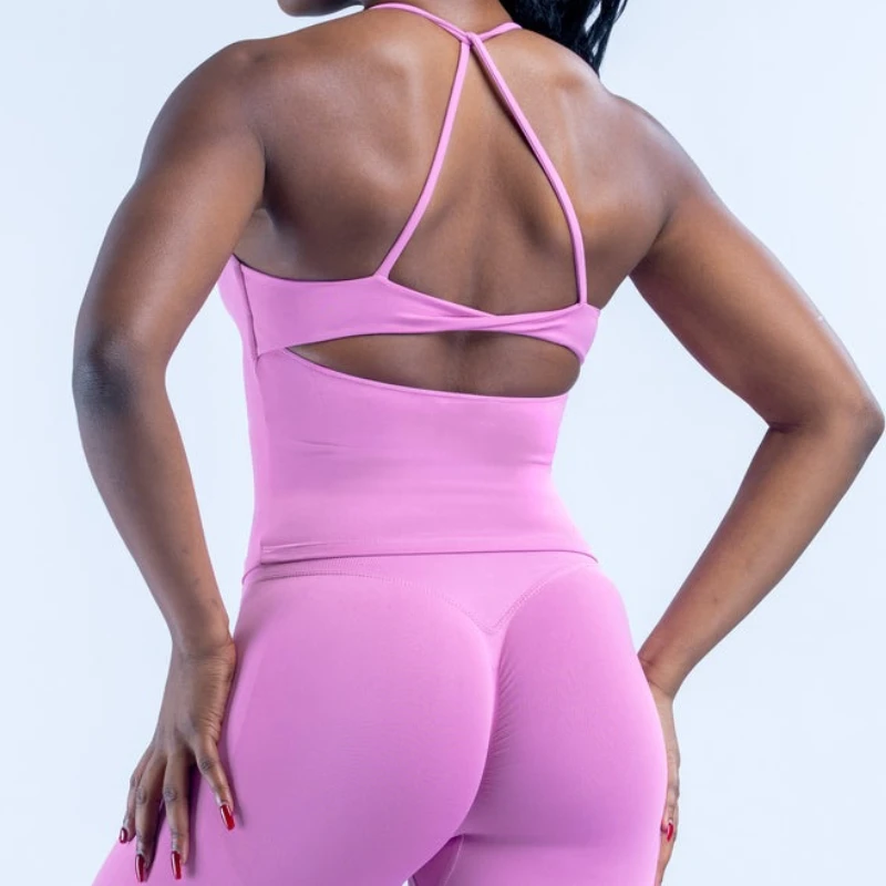 Pericic 2-teiliges Sportset für Damen, Twist-Back-Top, rückenfreier Träger-BH, Yoga-Shorts, Fitness-Set, Trainingskleidung, Outfit, Fitnessanzug – Detail 10