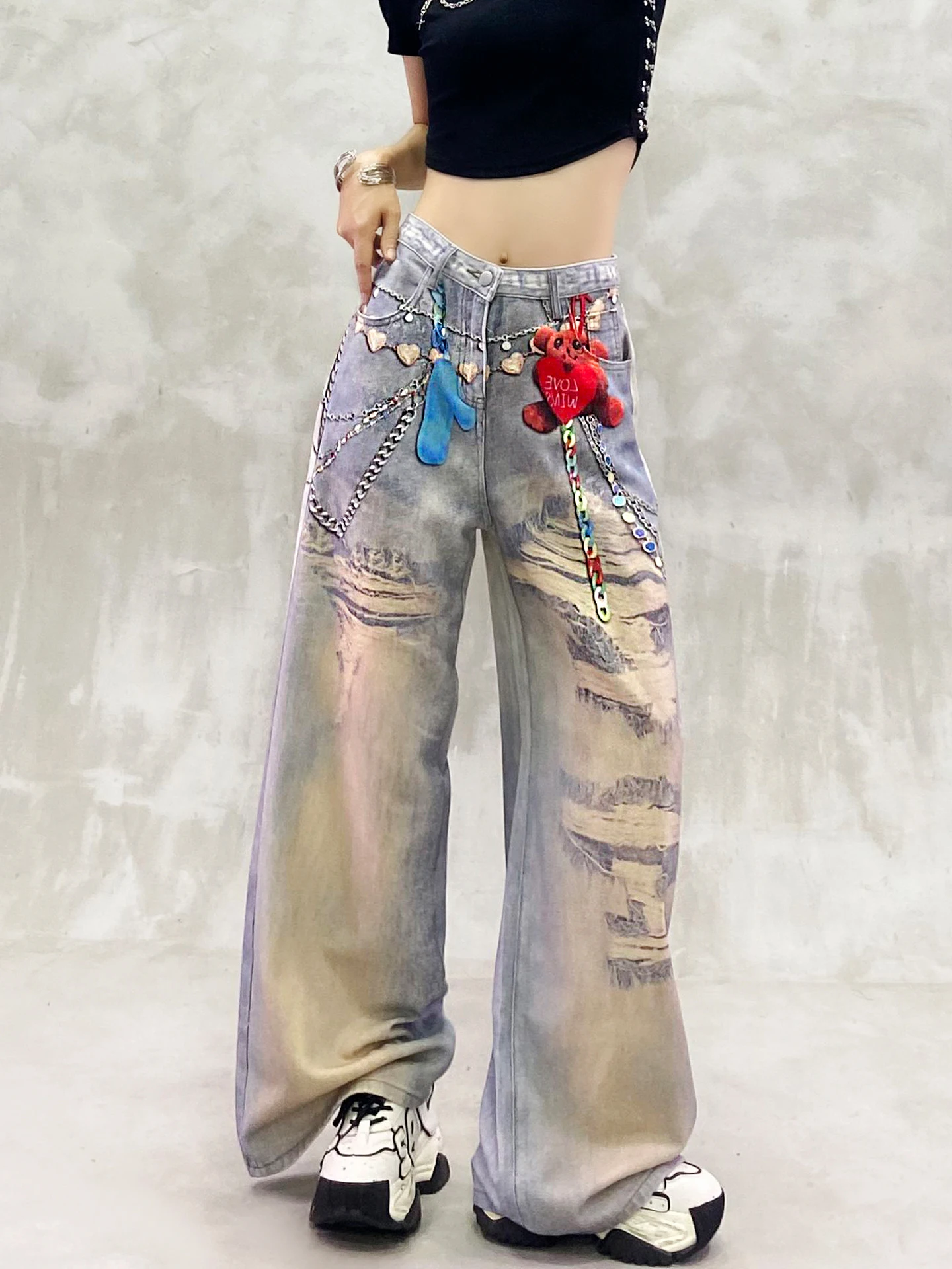 2025 Summer New Women's Stylish Printed Design Casual Jeans High Waist Loose Slimming Versatile Straight Wide-Leg Pants