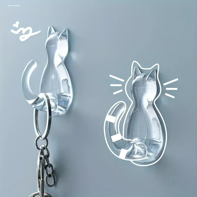 2 Stück Katzenschwanz-Klebehaken zur Wandmontage, Cartoon-freies Stanzen, transparent, wasserdicht, Klebehaken, Wohnaccessoires