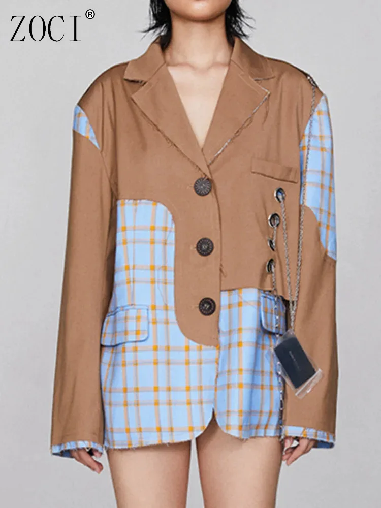 

ZOCI Fashion Women Blazer Notched Contract Color Irregular Checkered Pattern Chain Decorte Suit Jackets Autumn 2024 New FC1291