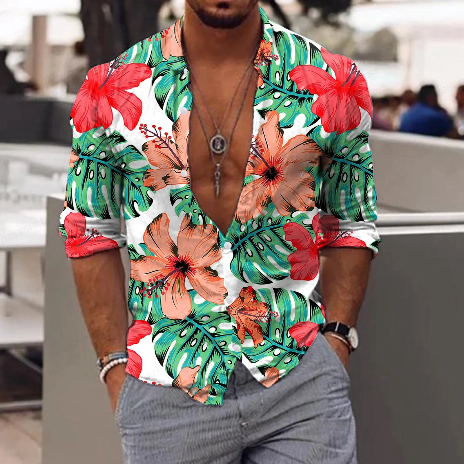 New Trend Men\'s Shirts Men\'s Casual Floral Printed Shirts Lapel Button Long Sleeve Shirts Men\'s Light Luxury Tops