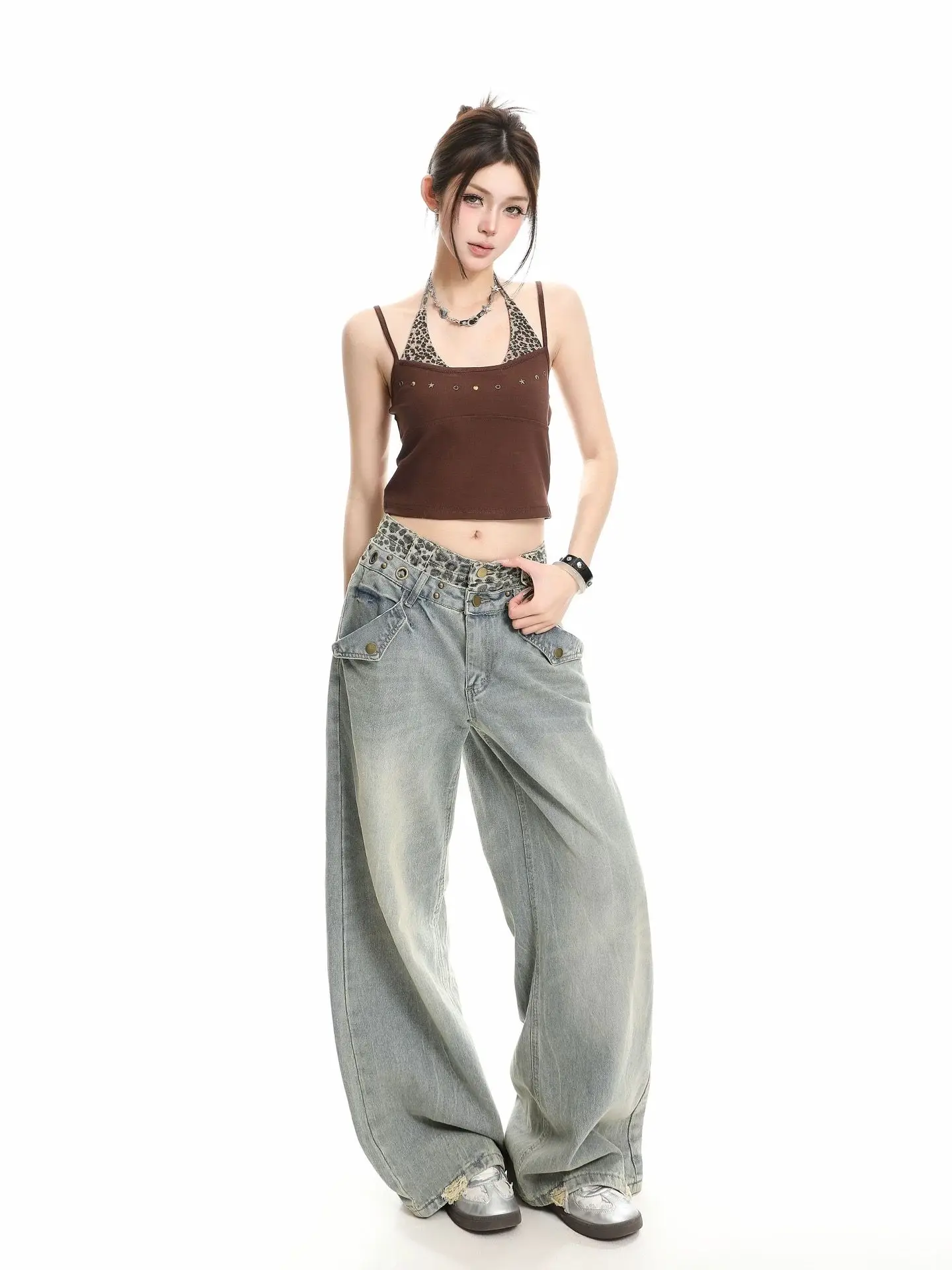 Y2K Leopard Print Patchwork Double Waist Wide Leg Jeans Washed Distressed Loose Straight Leg Retro for Men and Women