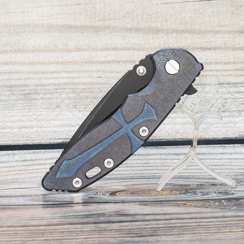 

Custom Hinderer XM-18 Folding Knife CPM 20CV Blade Blue Titanium Handle Pocket EDC Survival Tools Brass Decoration EVIL EYES