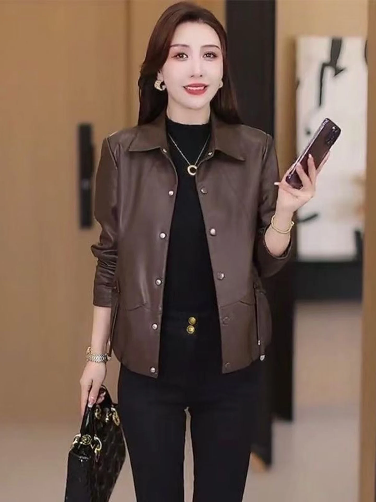 Korean Style Loose Women's PU Leather Jacket Fashionable Casual Biker Coat Long Sleeve Button up Straight Hem Daily Wear