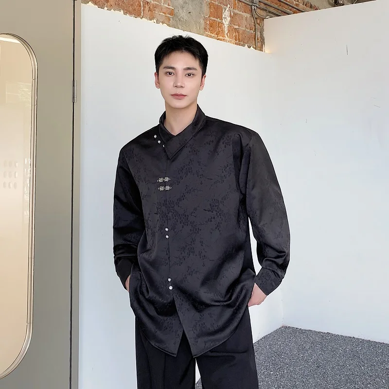 

Новая мужская рубашка в китайском стиле с длинным рукавом, воротником-стойкой, металлической пряжкой и вышивкой, модная молодежная модель свободного кроя на все сезоны