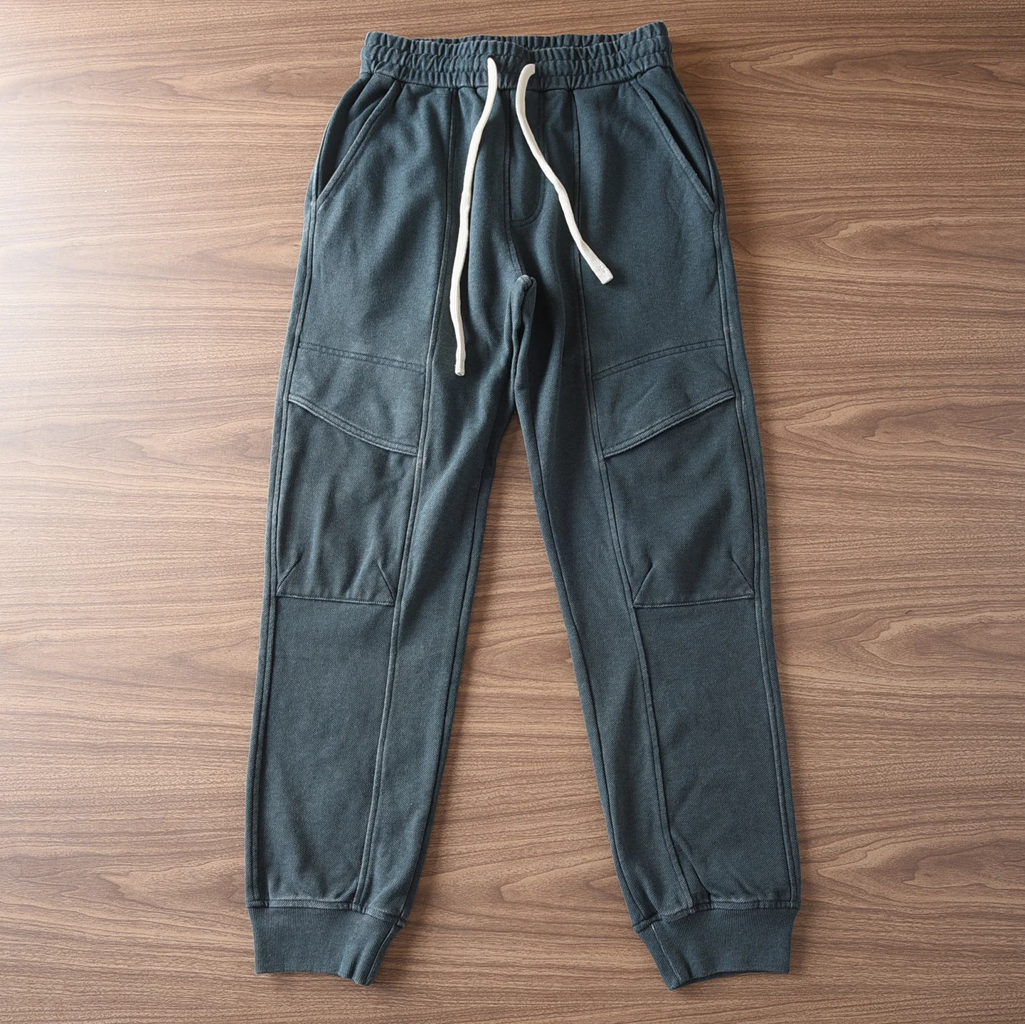 

Autumn Winter New 100% Cotton Mesh Knitted Sweatpants Men's Fleece Washed and Distressed Elastic Waist Casual Ankle-tied Pants